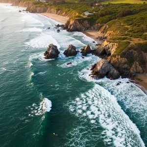 Vista de la playa Punta de Lobos en Pichilemu, con olas y acantilados

