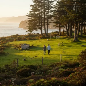 Pareja caminando sobre una parcela rural en Pichilemu con vista al océano