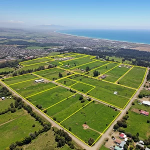 Vista aérea de parcelas en Pichilemu rodeadas de vegetación nativa

