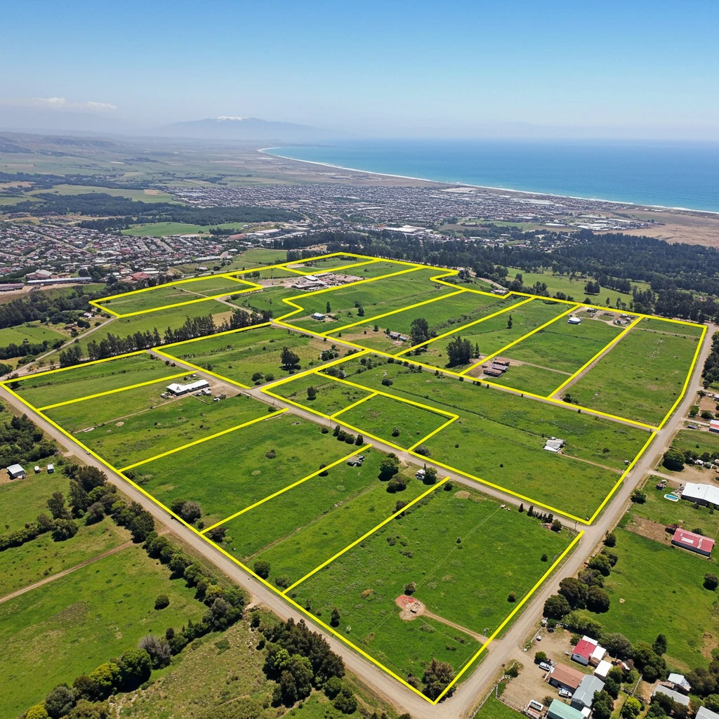 Vista aérea de parcelas en Pichilemu rodeadas de vegetación nativa